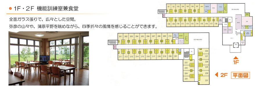 【１F・２F　機能訓練室兼食堂】全面ガラス張りで、広々とした空間。弥彦の山々や、蒲原平野を眺めながら、四季折々の風情を感じることができます。